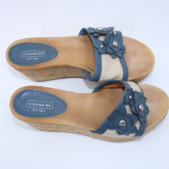 Coach Jesaca Taupe/Navy Floral Slip On Platform Wedge 7B - Picture 7 of 8